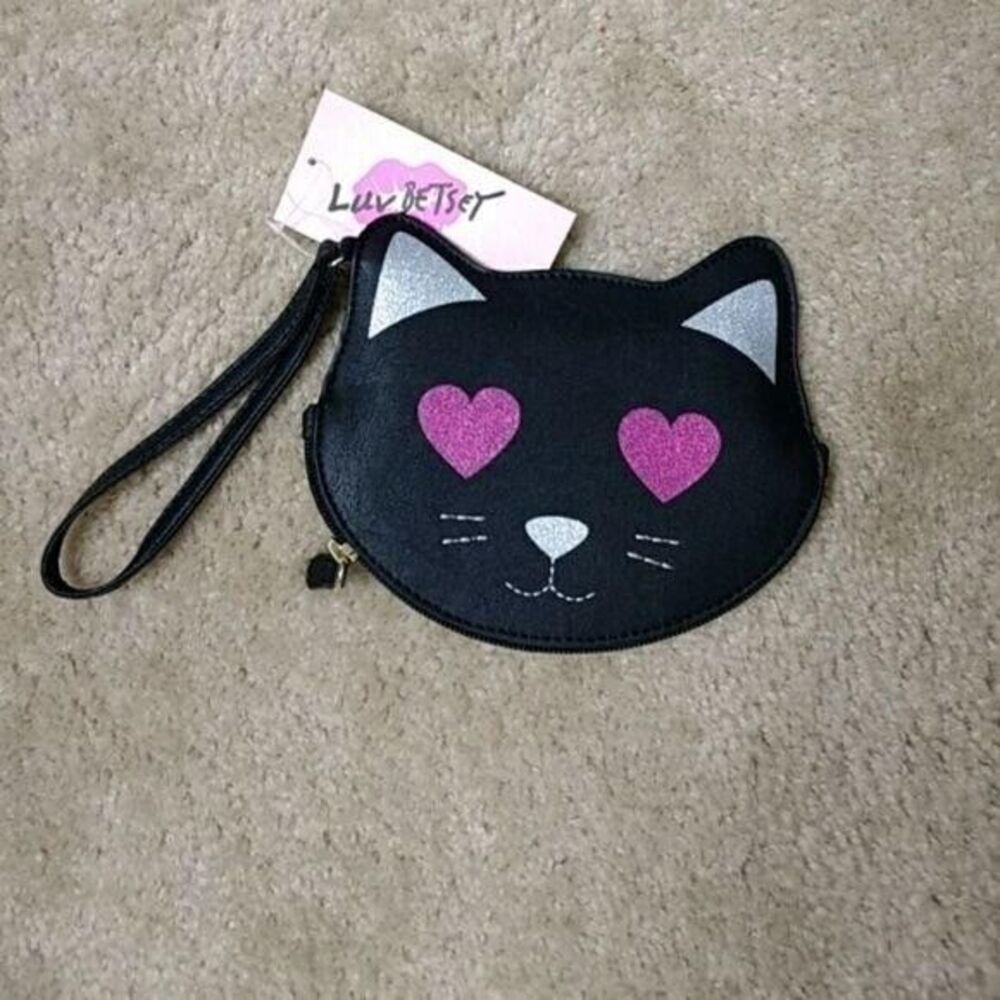 Betsey Johnson black cat coin purse heart eyes